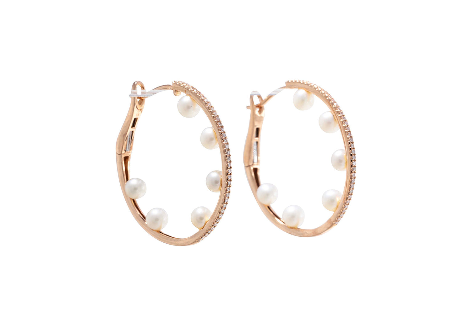 14k Rose Gold Diamond Pave &amp; Pearl Hoops