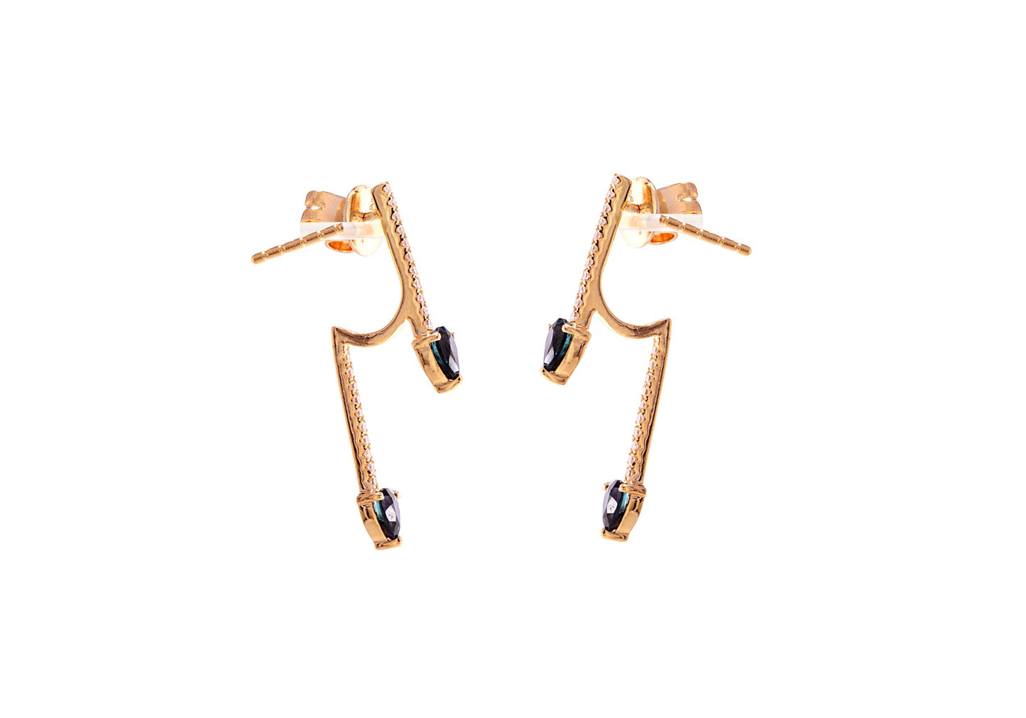 14K Rose Gold Diamond Pave &amp; Sapphire Double Row Front Back Studs