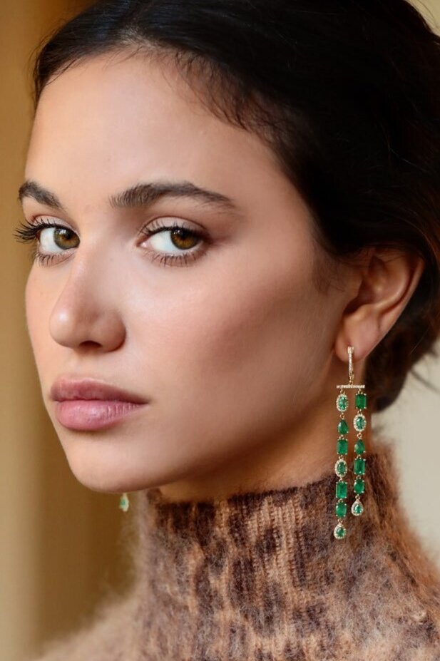14k Gold, Diamond &amp; Emerald Double Row Earrings