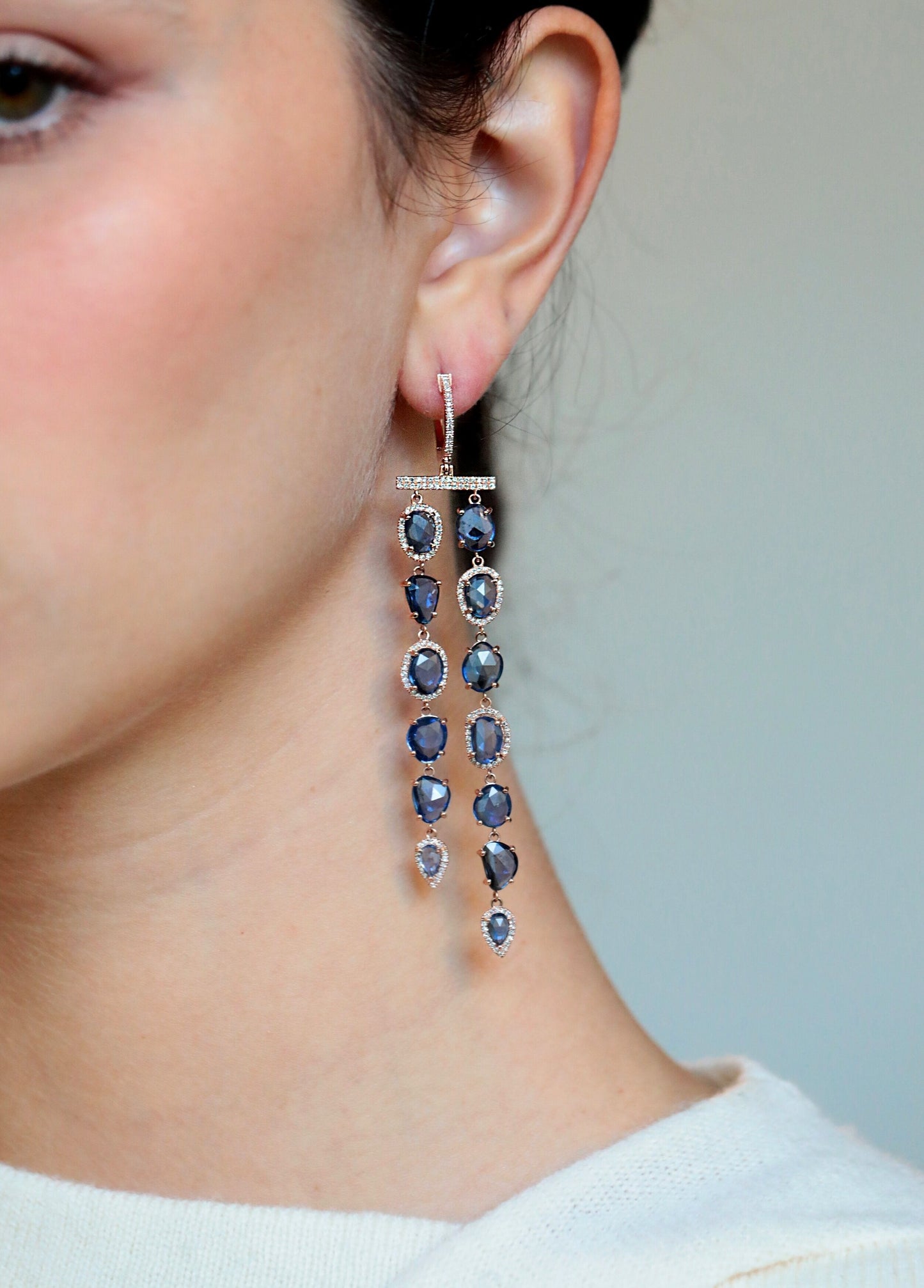 14k Gold, Diamond &amp; Fancy Shape Sapphire Double Row Earrings