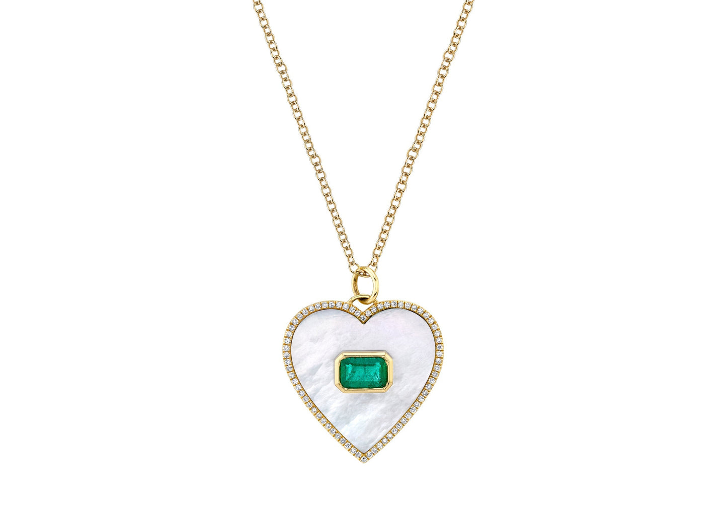 14K Yellow Gold Mother of Pearl Emerald and Diamond Pave Heart Necklace