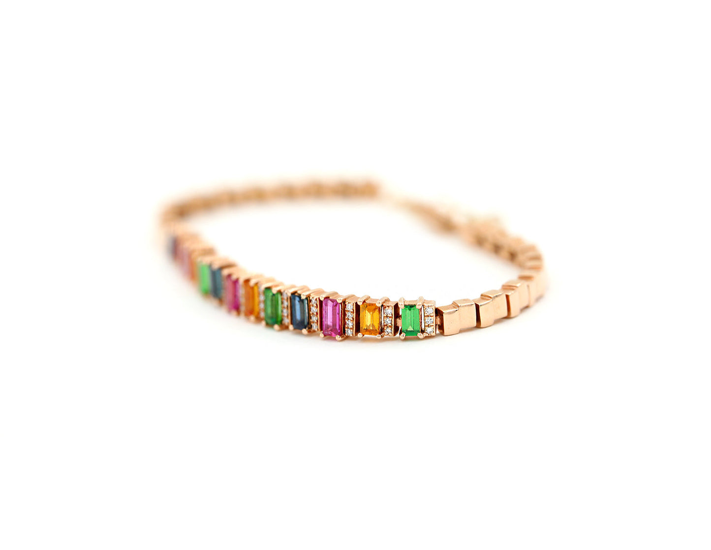 14k Rose Gold Multi Color Emerald Cut Sapphire Bracelet with Diamond Pave