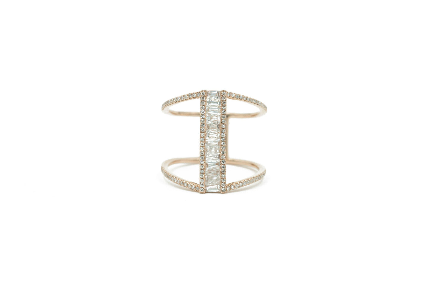 14KT Rose Gold Diamond Pave and Baguette Bar Ring