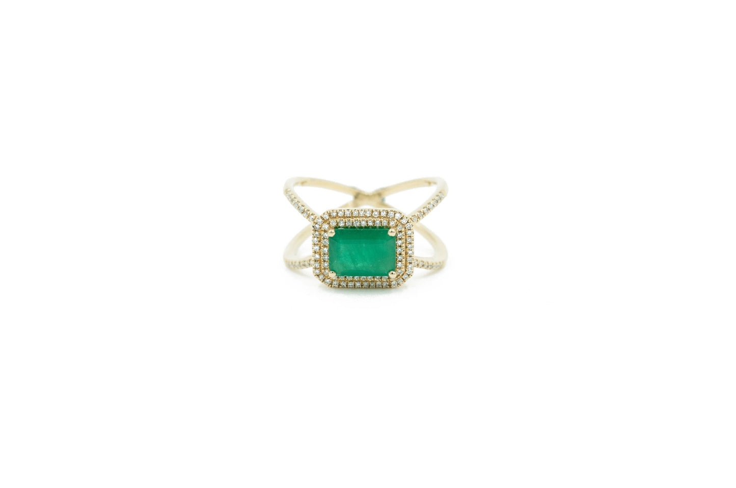 14KT Yellow Gold Diamond Pave and Emerald "x" Ring