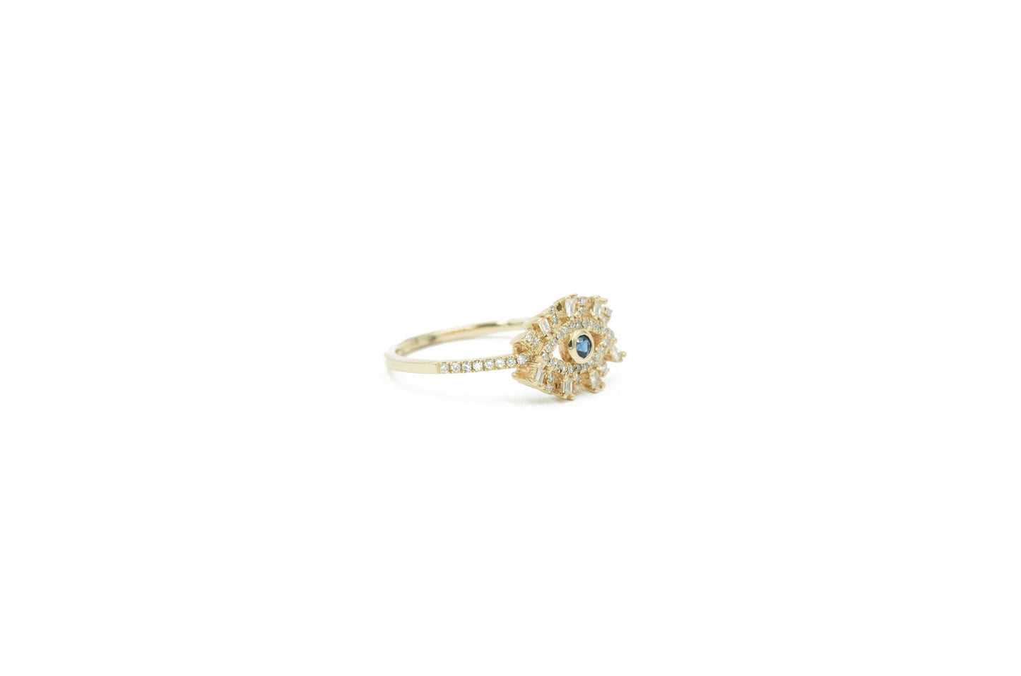 14KT Yellow Gold Diamond Pave, Diamond Baguette and Sapphire Evil Eye Ring