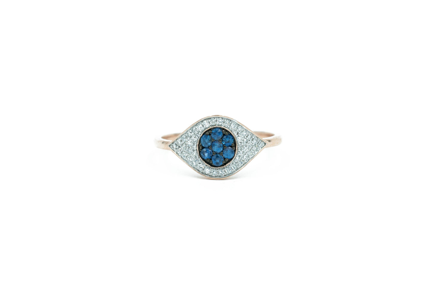 14KT Rose Gold Diamond Pave and Sapphire Evil Eye Ring