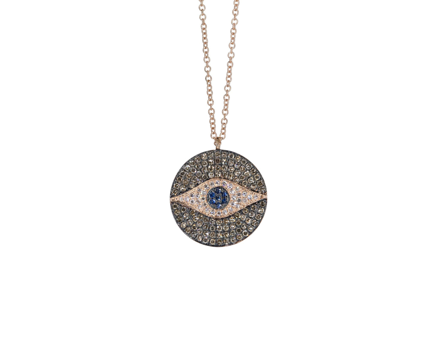14KT Rose Gold Black Rhodium Diamond Pave and Sapphire Evil Eye Necklace