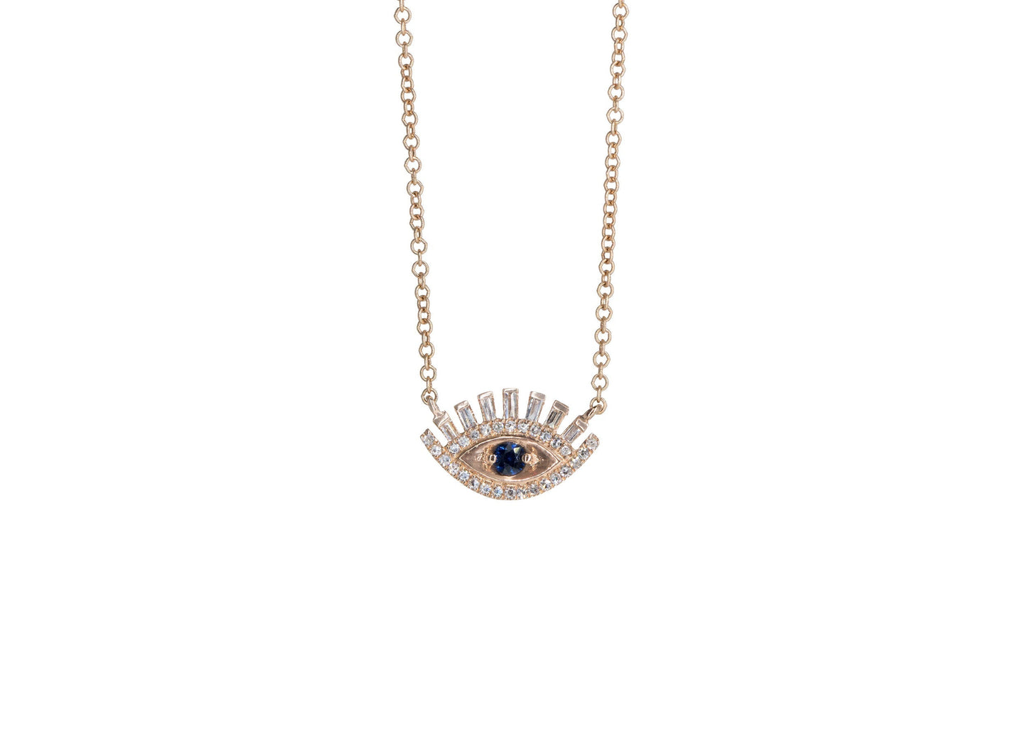 14KT Rose Gold Diamond Pave Baguettes and Sapphire Evil Eye Necklace with Eyelashes