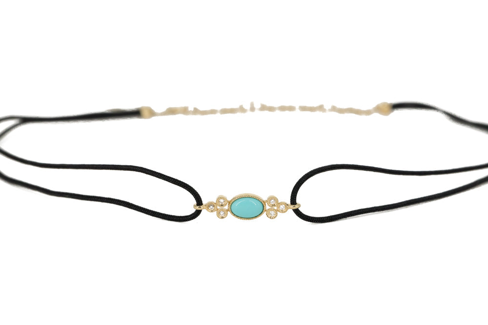 14KT Yellow Gold Bezel Set Diamond and Turquoise Choker on Leather Cord