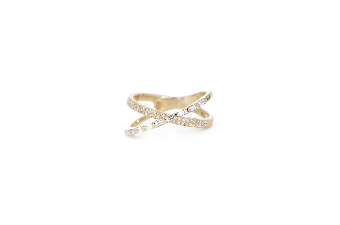14KT White Gold Diamond Pave and Baguette X Ring