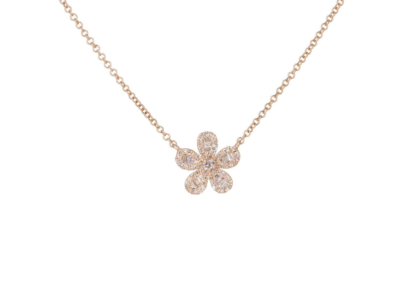 14KT Rose Gold Diamond and Baguette Flower Necklace