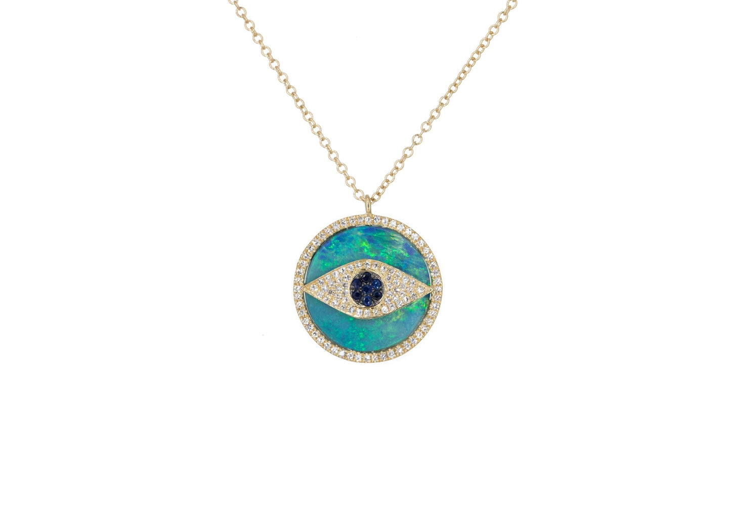 14KT Yellow Gold Diamond, Sapphire, and Opal Evil Eye Necklace
