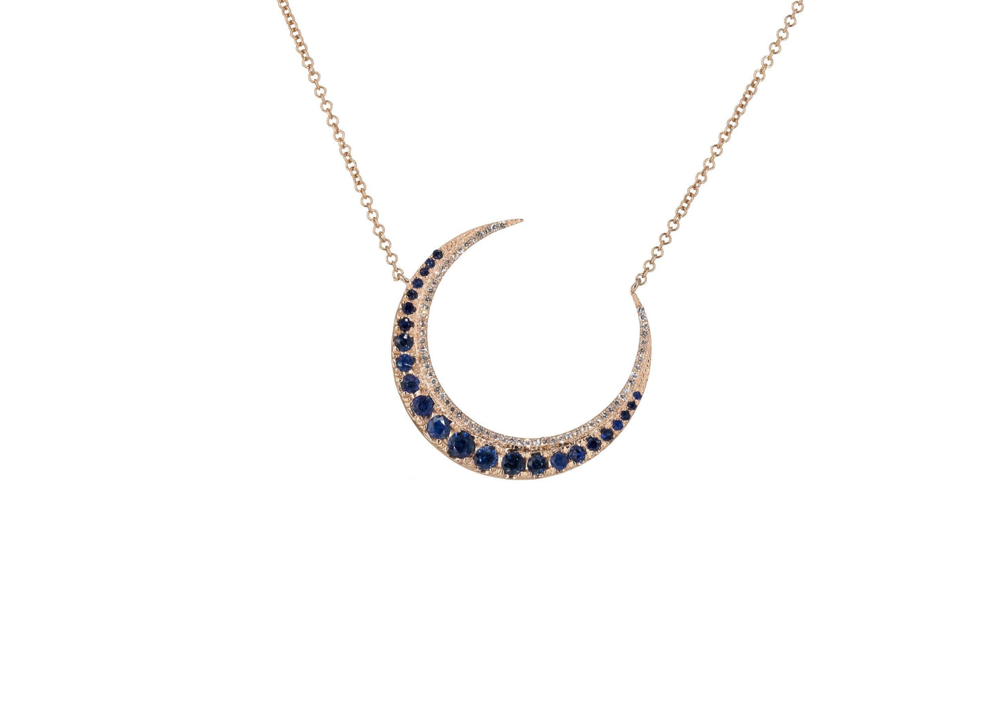 14KT Rose Gold Diamond Pave and Sapphire Crescent Necklace