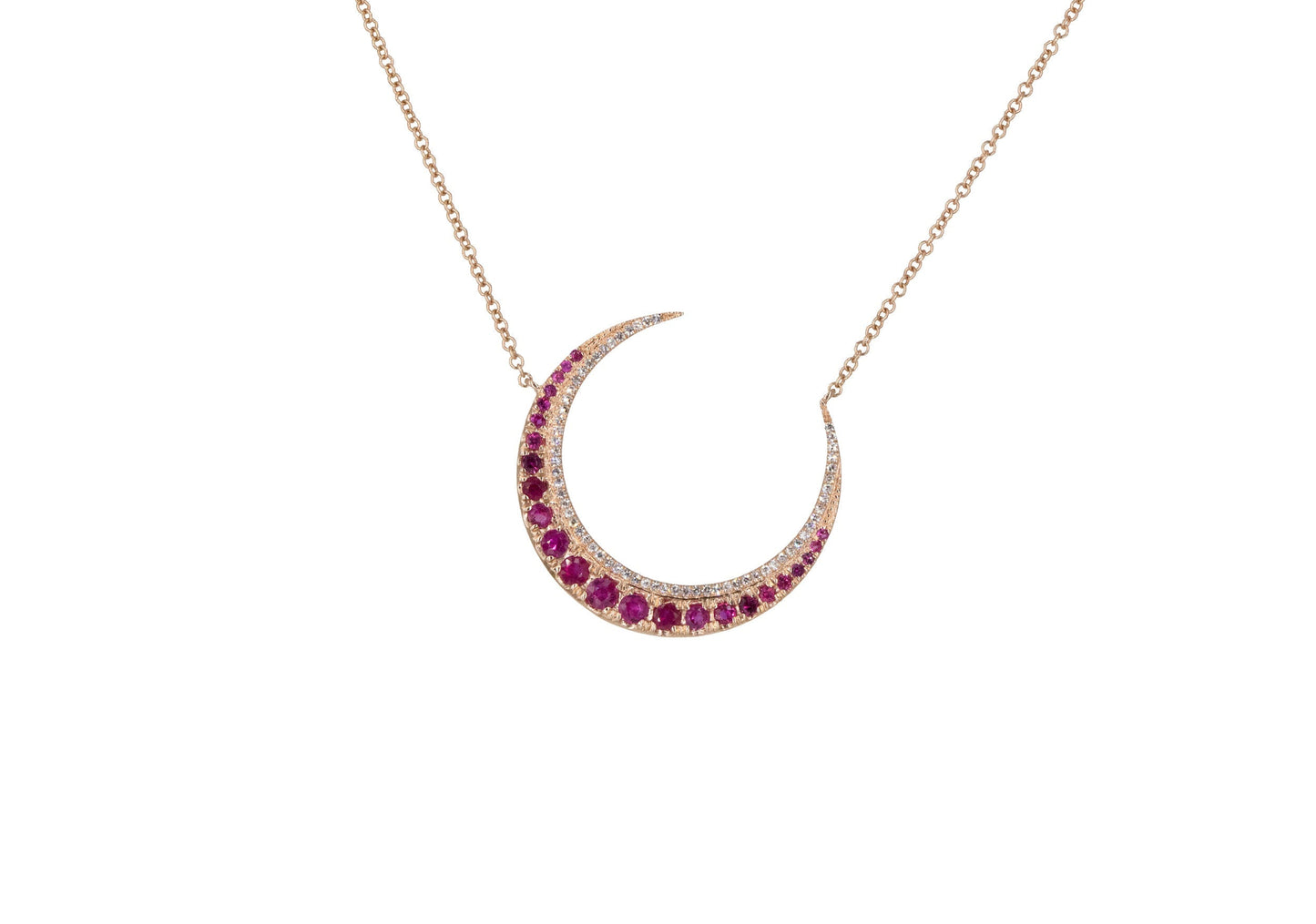 14KT Rose Gold Diamond Pave and Ruby Crescent Necklace