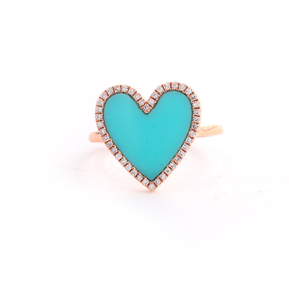 14K Rose Gold Diamond Pave and Turquoise Heart Ring