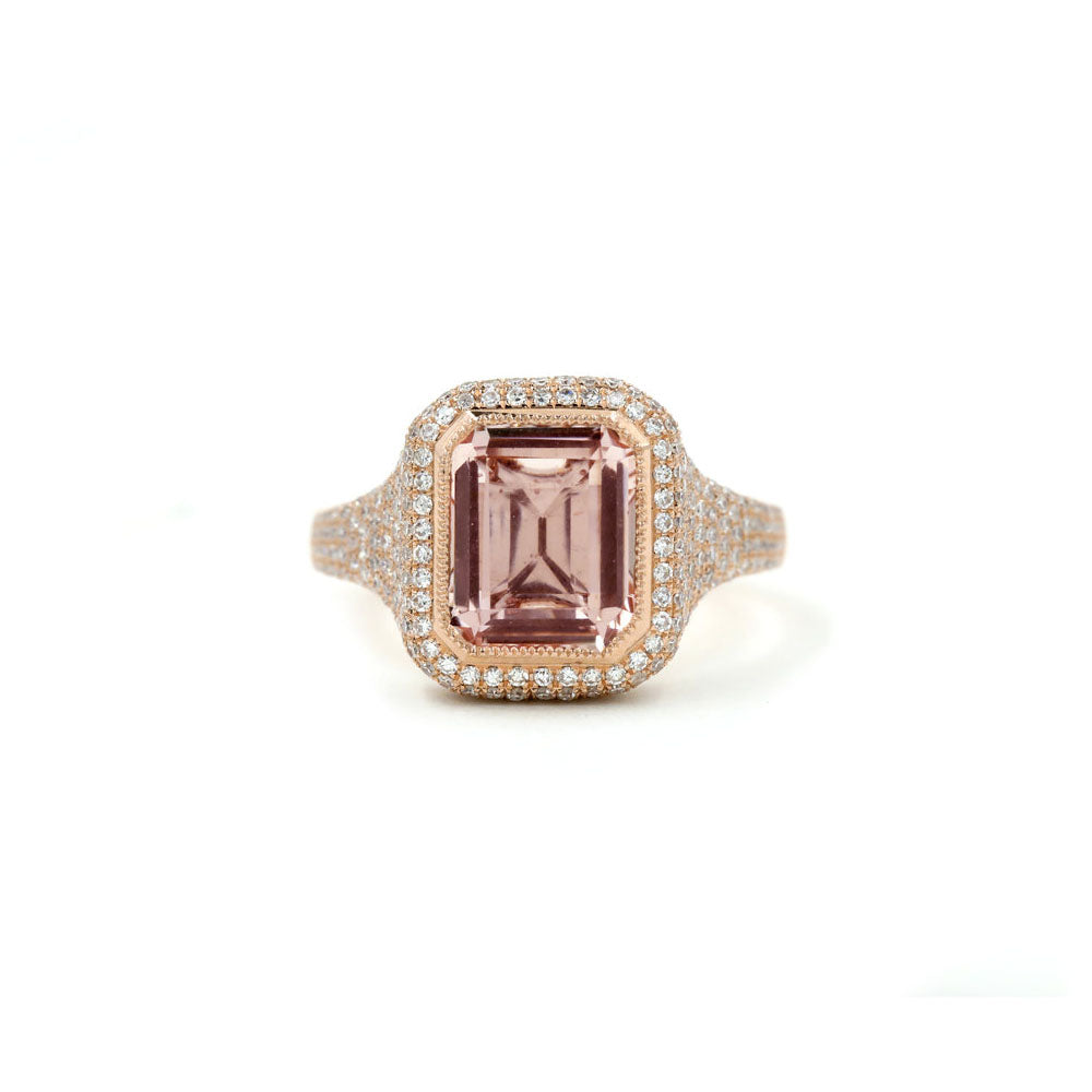 14k Rose Gold Diamond Pave and Emerald Cut Morganite Ring