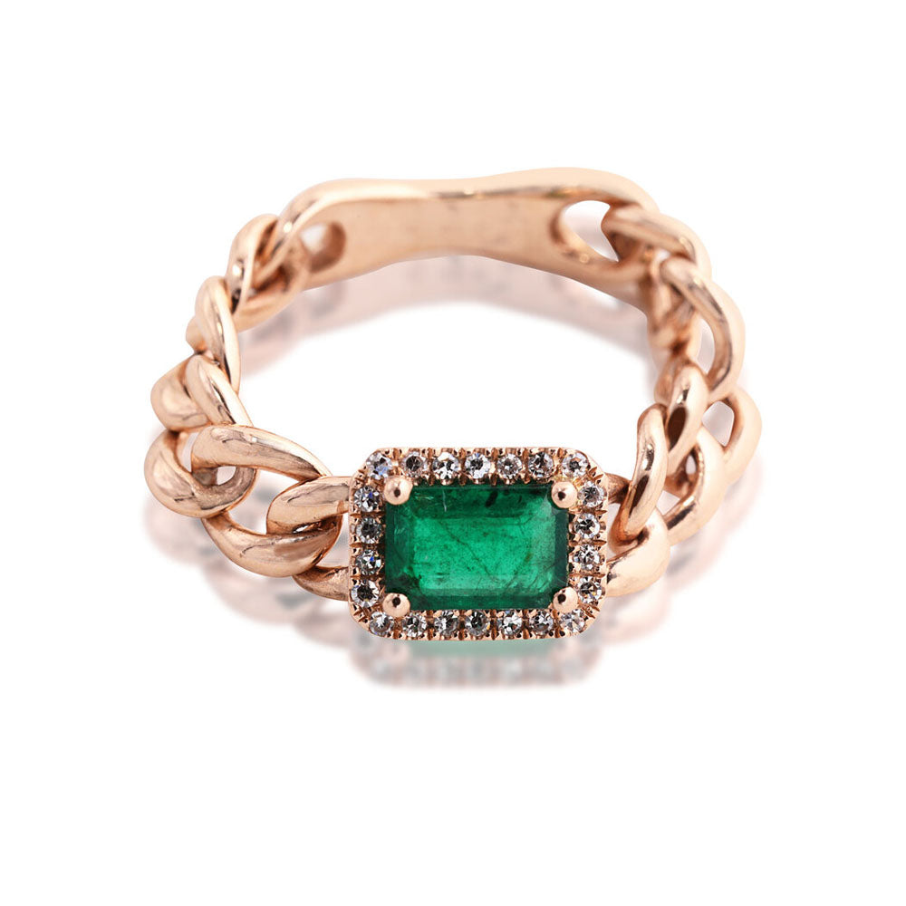 14K Rose Gold Chain Link Emerald and Diamond Pave Ring