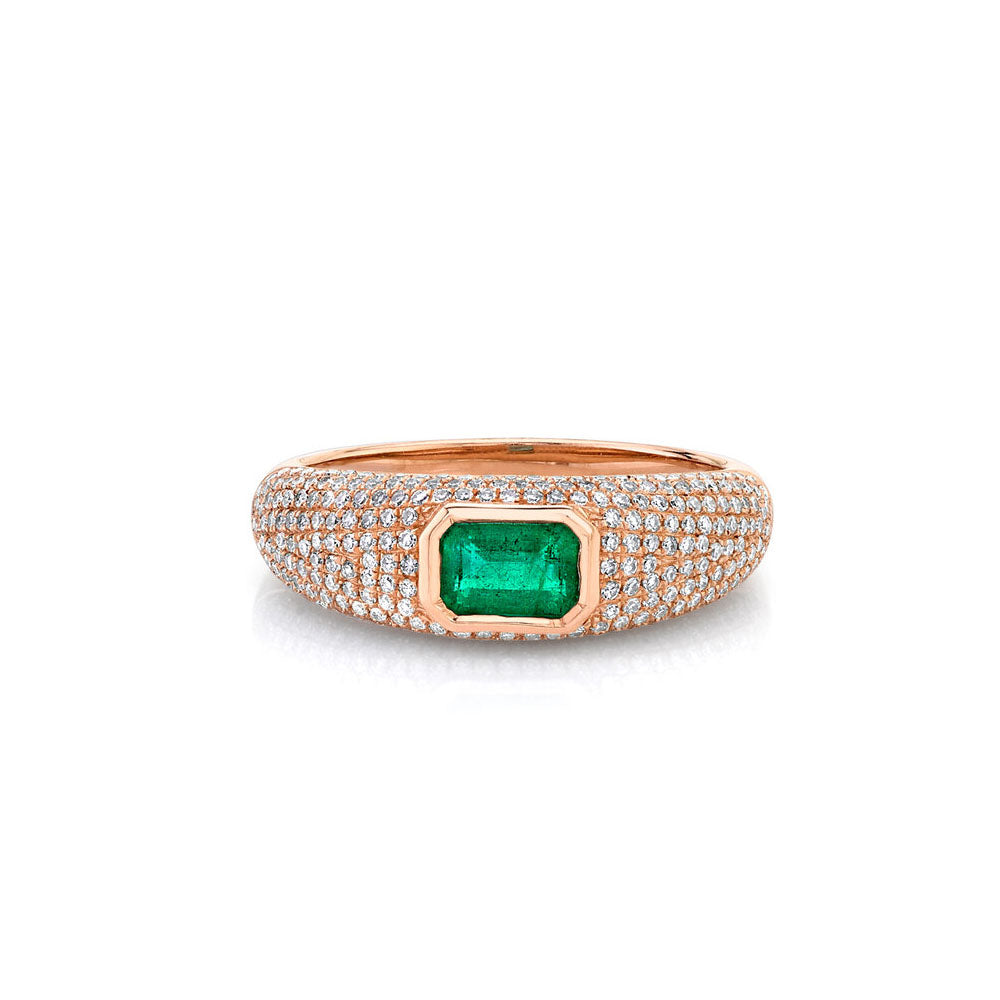 14K Rose Gold Diamond Pave and Emerald Dome Ring