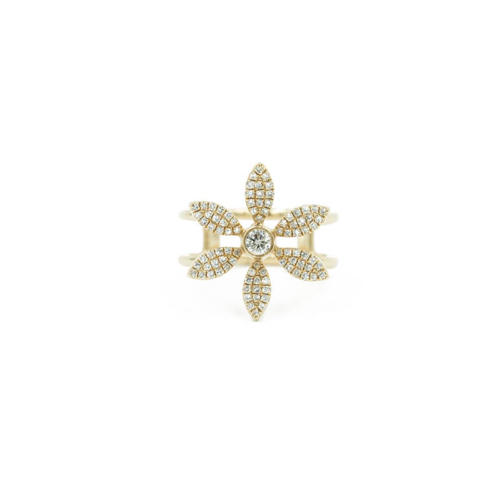 14KT Yellow Gold Diamond Pave Flower Pinky Ring