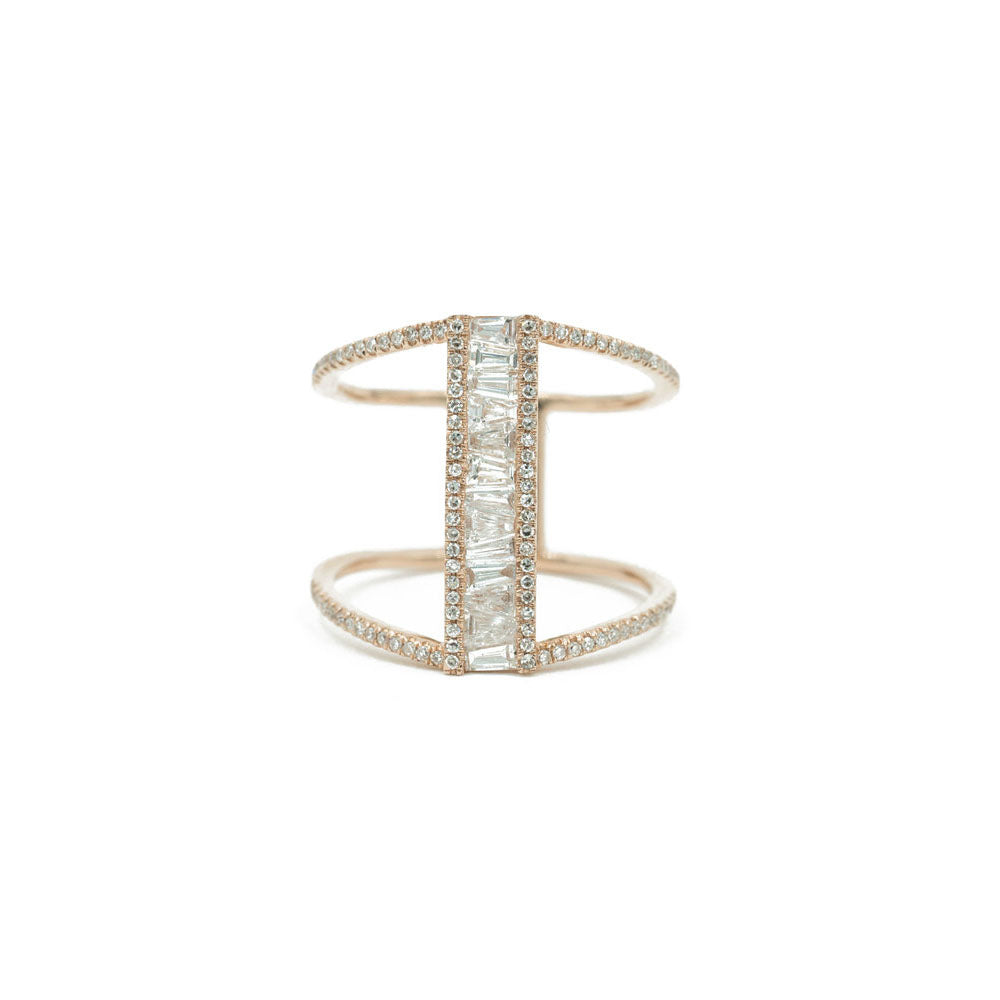 14KT Rose Gold Diamond Pave and Baguette Bar Ring