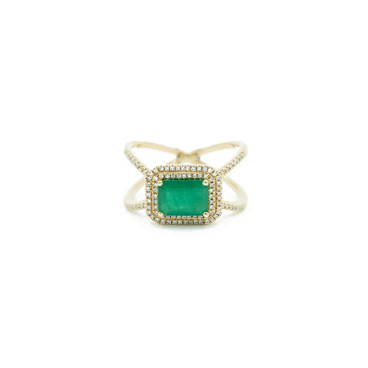 14KT Yellow Gold Diamond Pave and Emerald "x" Ring