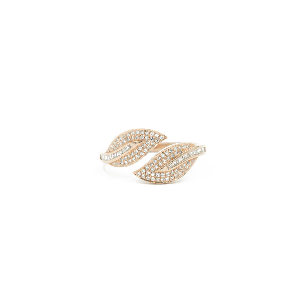14KT Rose Gold Diamond Pave and Diamond Baguette Leaf Ring
