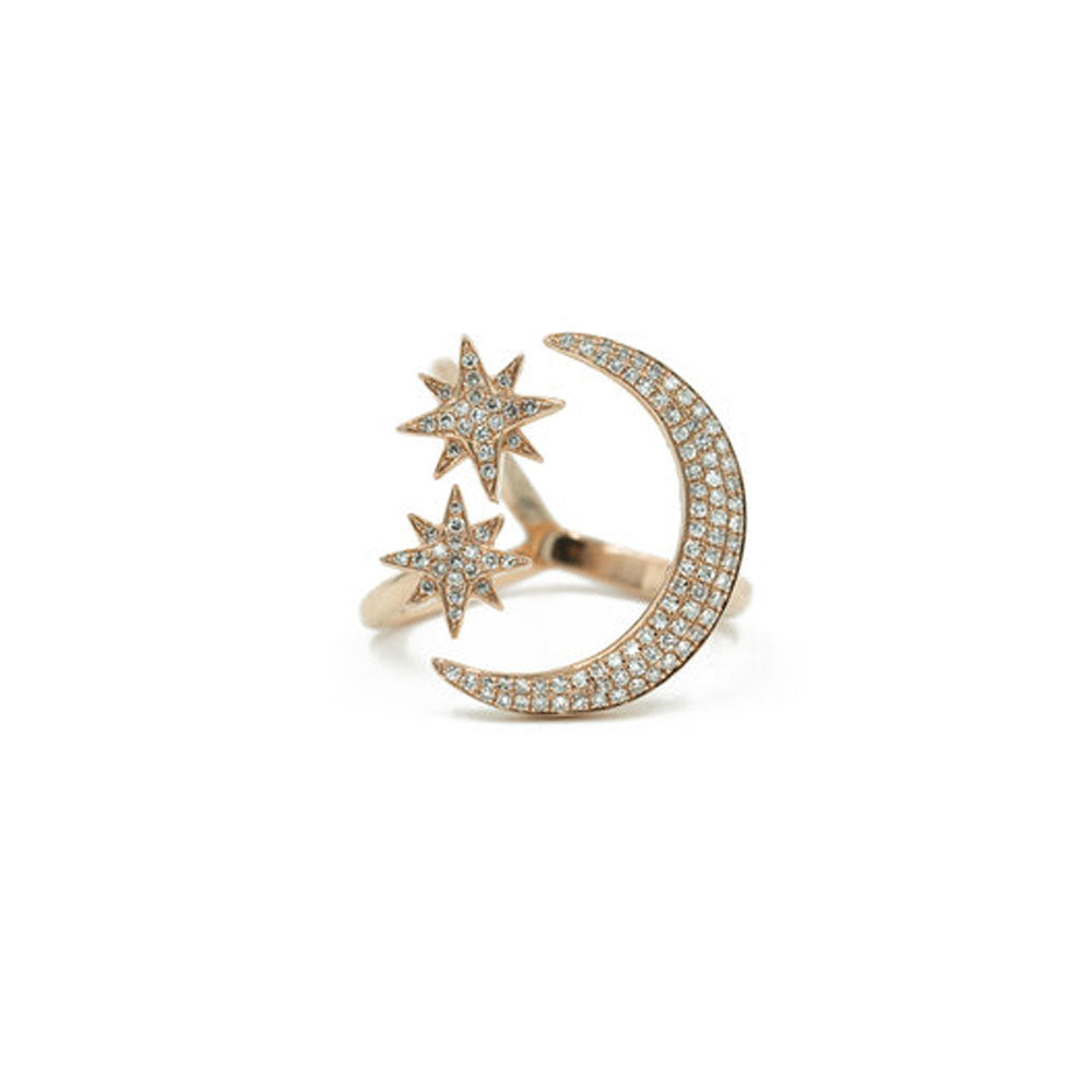 14KT Rose Gold Diamond Pave Moon and Star Ring