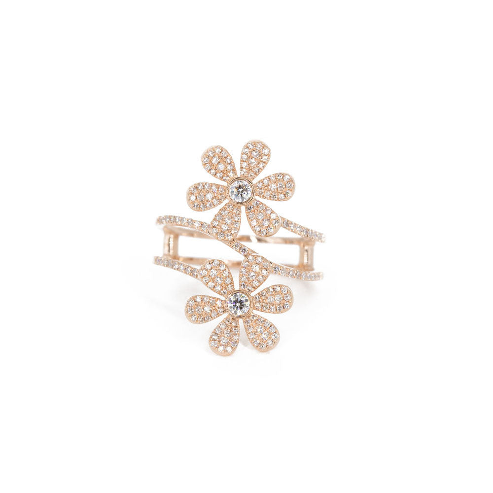 14KT Rose Gold Double Flower Diamond Pave Ring