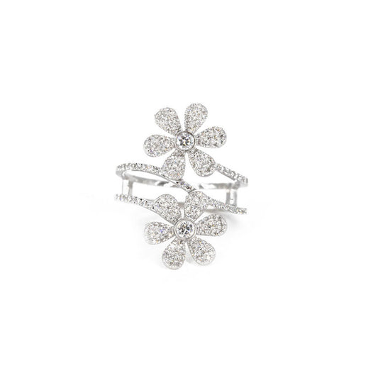 14KT White Gold Double Flower Diamond Pave Ring