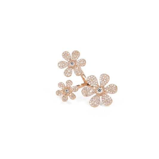 14KT Rose Gold Diamond Pave Triple Flower Ring