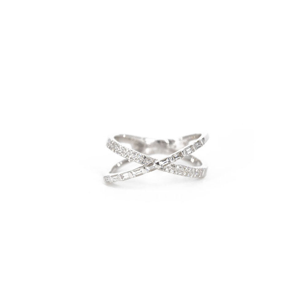 14KT White Gold Diamond Pave and Baguette X Ring