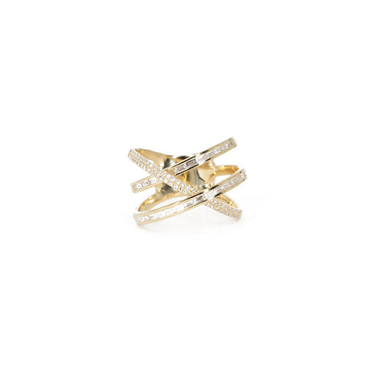 14KT Yellow Gold Diamond Pave and Baguette Double X Ring