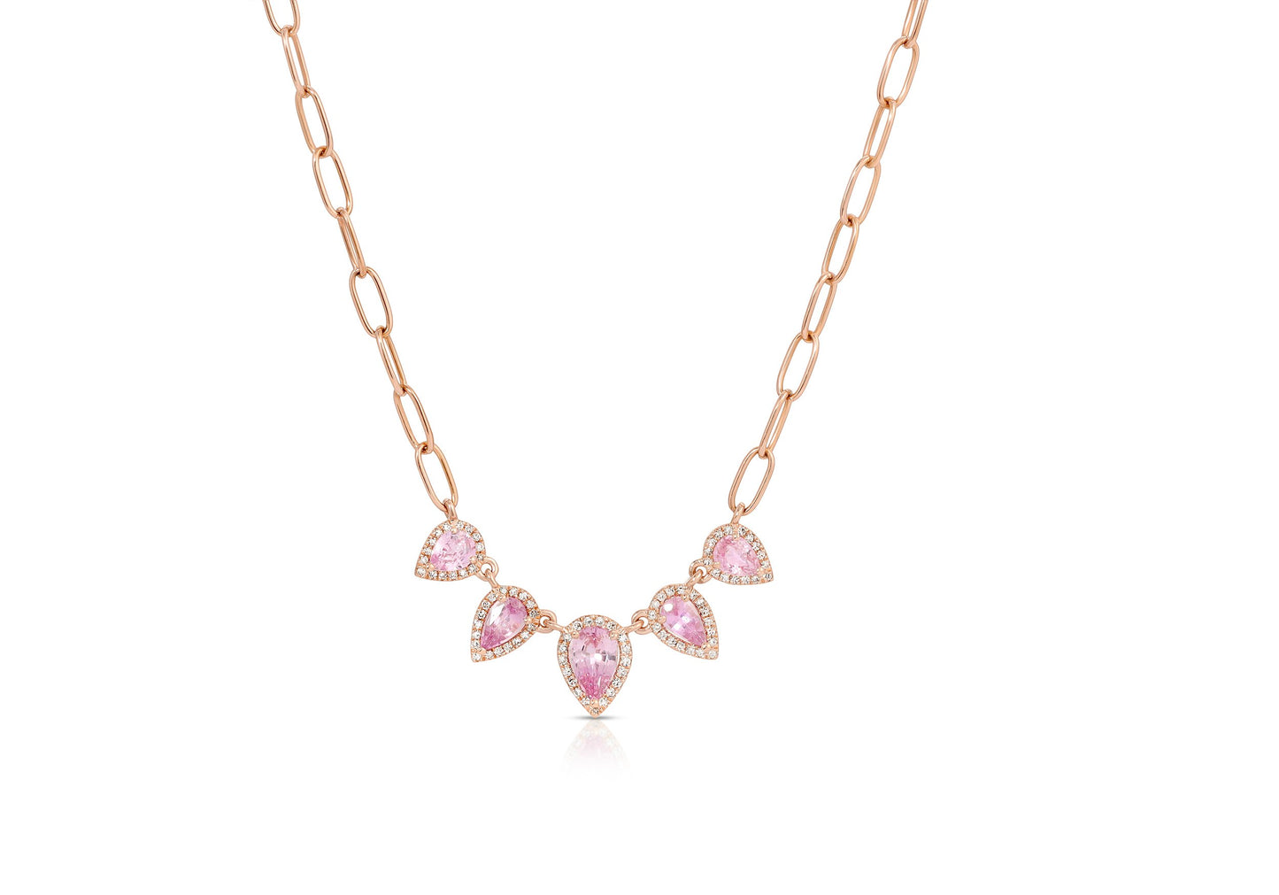 14K Rose Gold Multiple Pink Sapphire and Diamond Pear Shape Chain Link Necklace