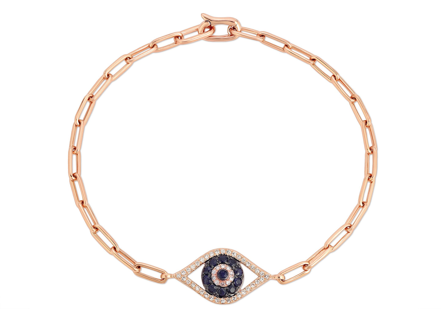 14K Rose Gold Chain Link Sapphire and Diamond Evil Eye Bracelet