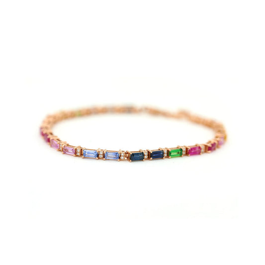 14k Rose Gold Rainbow Sapphire Emerald Cut Bracelet and Diamonds