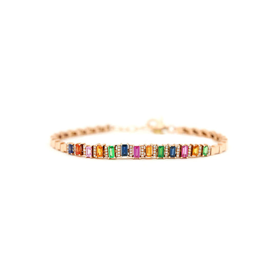 14k Rose Gold Multi Color Emerald Cut Sapphire Bracelet with Diamond Pave