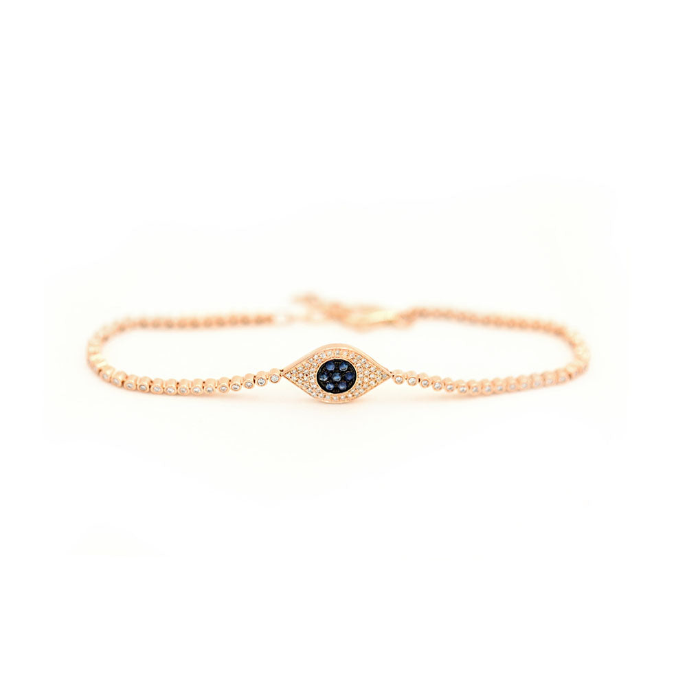 14k Rose Gold Diamond and Sapphire Evil Eye Tennis Bracelet