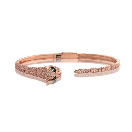 14K Rose Gold Diamond Pave and Emerald Panther Bangle