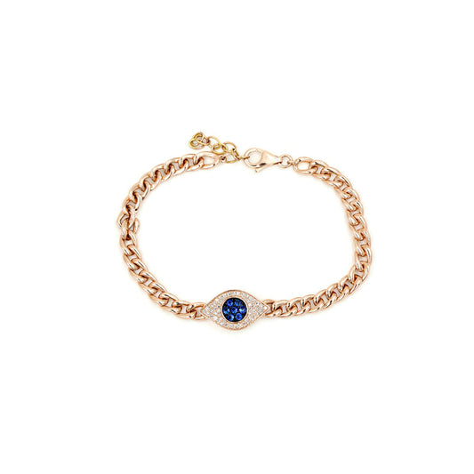 14k Rose Gold Diamond and Sapphire Evil Eye Chain Link Bracelet