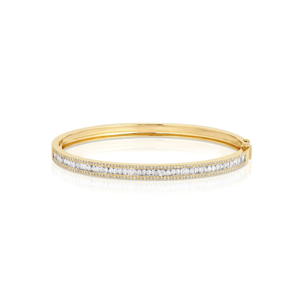 14k Yellow Gold Diamond Pave and Diamond Baguette Bangle