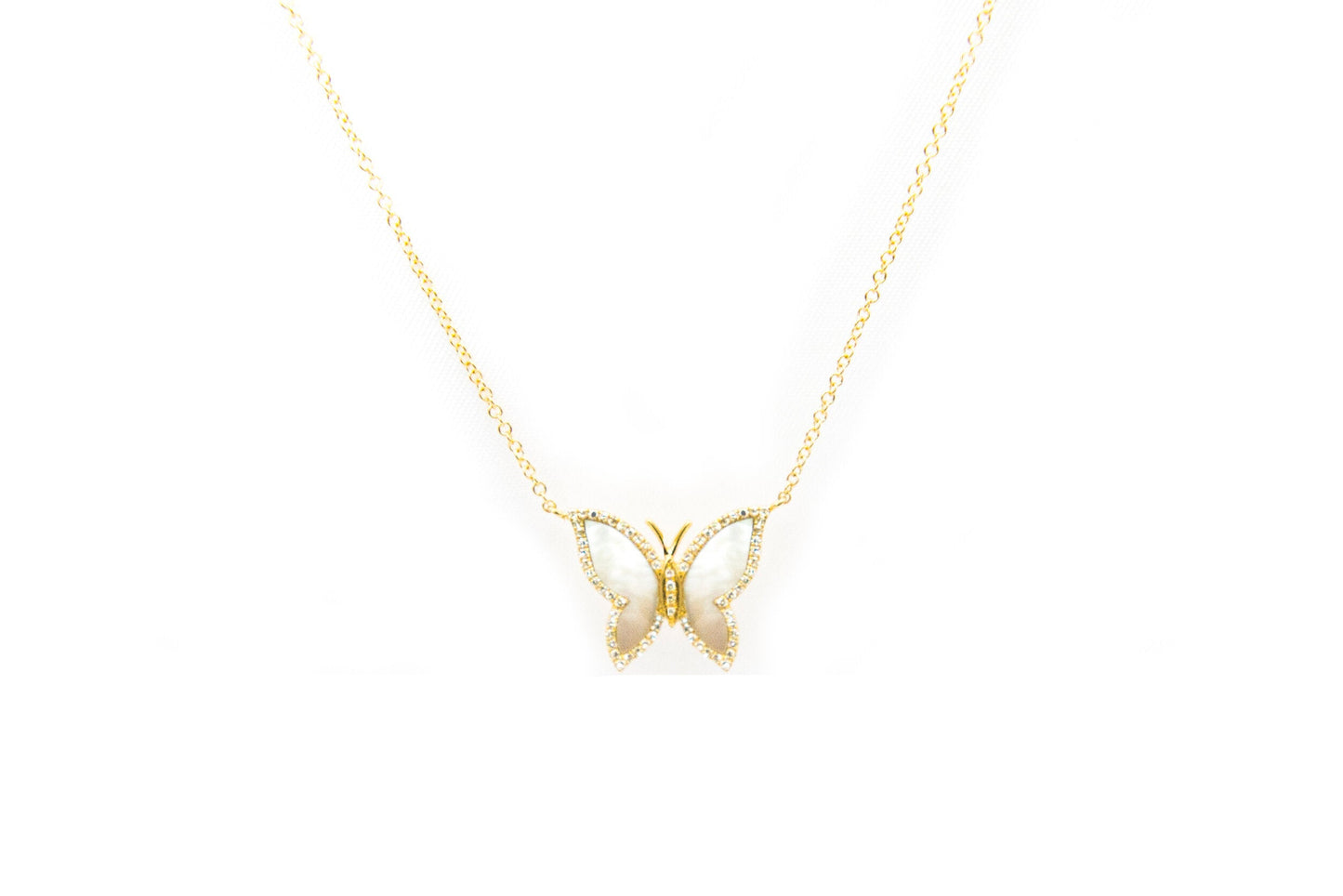 14k Yellow Gold, Mother of Pearl and Diamond Butterfly Necklace