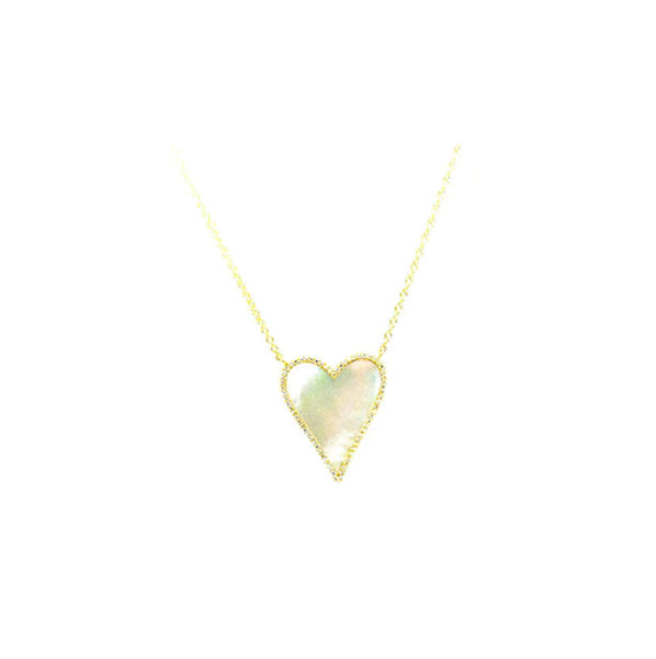 14k Yellow Gold Mother of Pearl and Diamond Pave Heart Necklace