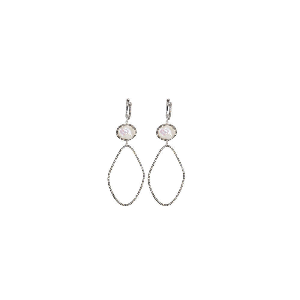 14KT Black Rhodium Diamond Pave and Mabe Pearl Open Organic Hoops