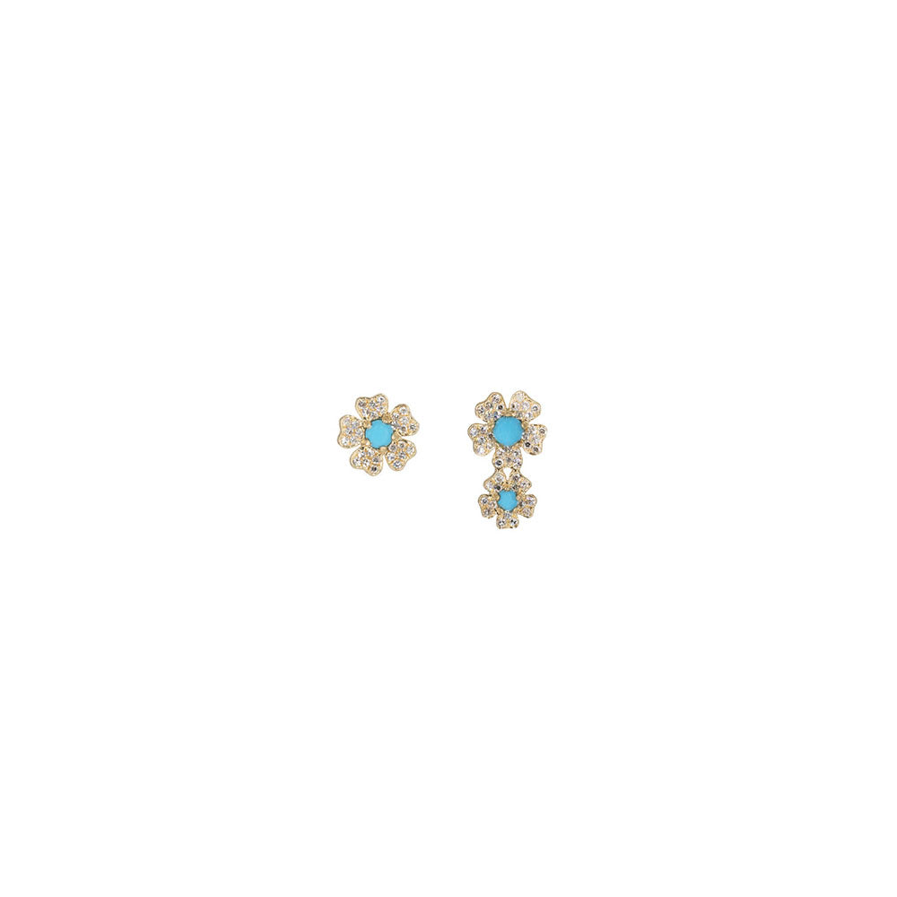 14KT Yellow Gold Diamond Pave and Turquoise Flower Stud and Ear Climber