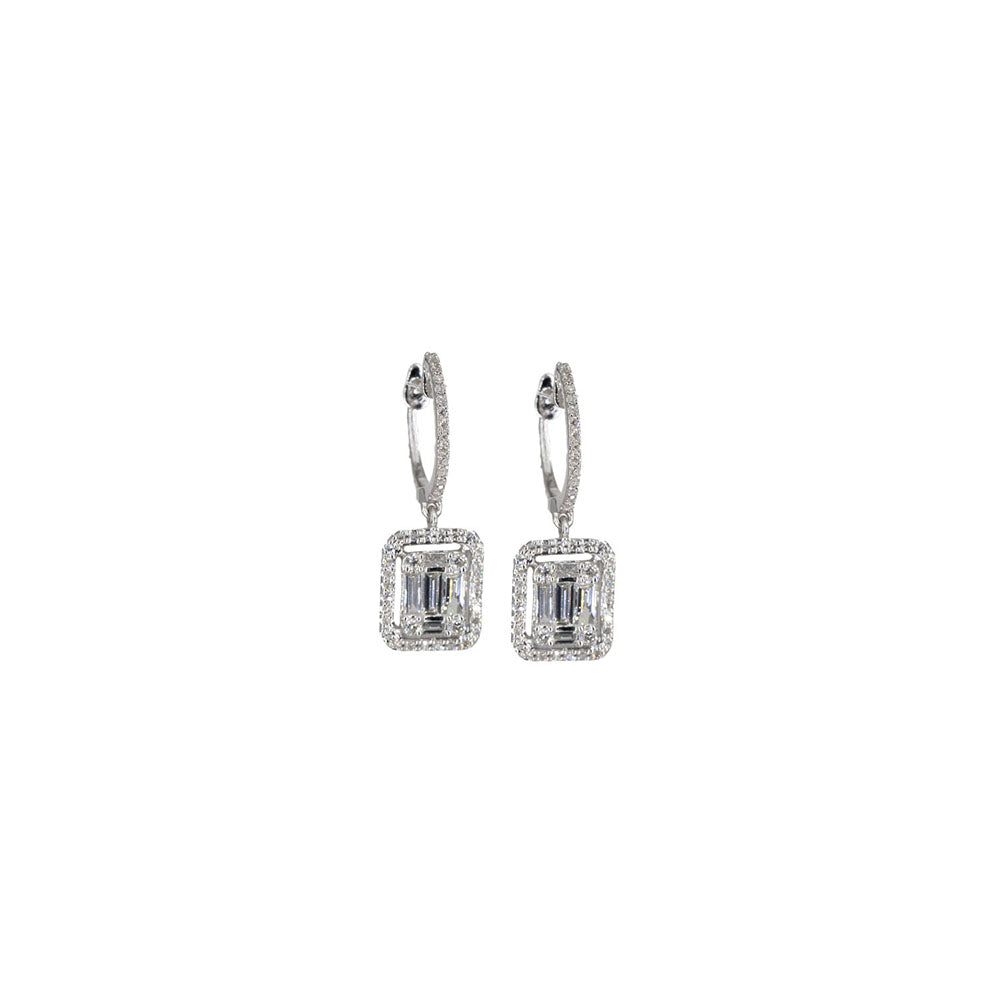 14KT White Gold Diamond Pave and Diamond Baguette Earrings