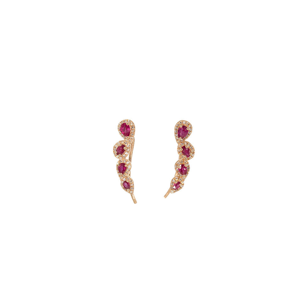 14KT Rose Gold Diamond Pave and Ruby Slice Ear Climbers