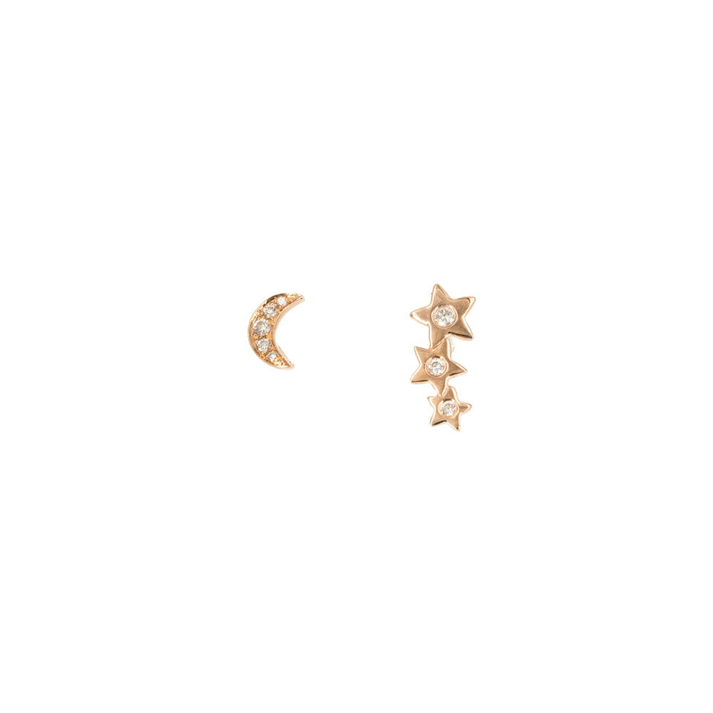 14KT Rose Gold Diamond Pave Moon and Triple Star Ear Climber