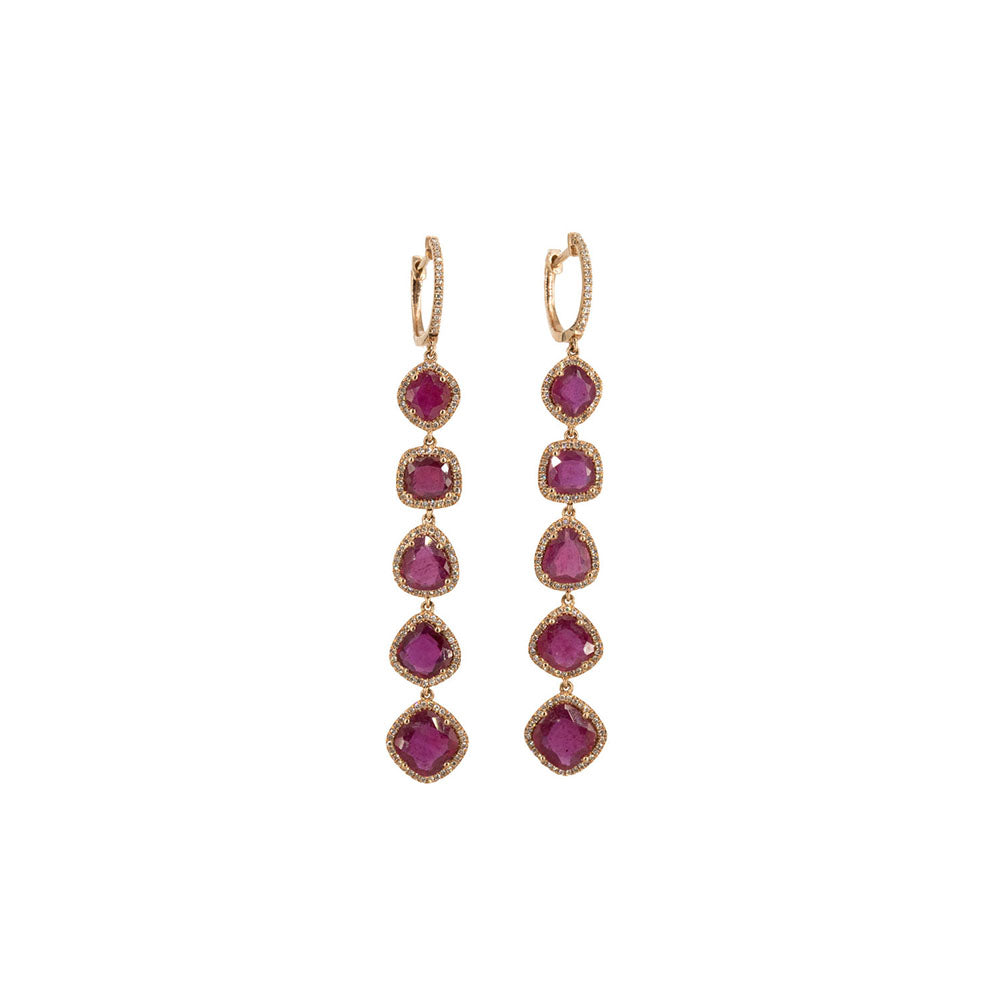 14KT Rose Gold Diamond Pave and Ruby Slice Straight Line Earrings