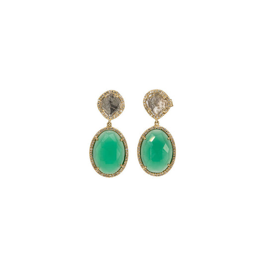 14KT Yellow Gold Diamond Pave, Diamond Slice and Green Onyx Earrings