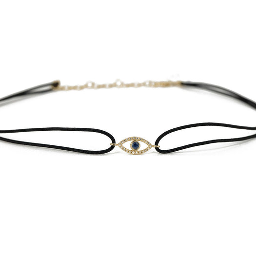 14KT Yellow Gold Diamond Pave and Sapphire Evil Eye Choker on Leather Cord